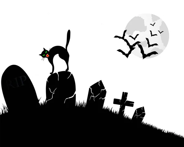 Feliz Tarjeta Felicitación Halloween Diseño Elegante Con Cementerio Gato Tumba — Archivo Imágenes Vectoriales