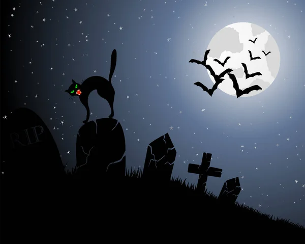 Feliz Tarjeta Felicitación Halloween Diseño Elegante Con Cementerio Gato Tumba — Vector de stock