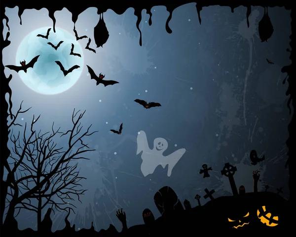 Gelukkige Halloween Wenskaart Elegant Ontwerp Met Vleermuizen Griezelig Graf Begraafplaats — Stockvector
