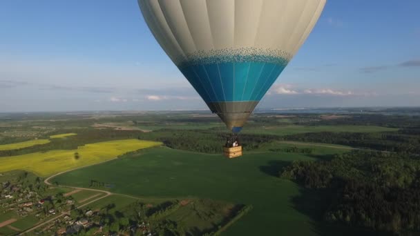 Balon na ogrzane powietrze w niebo, latające nad polami i lasem z lotu ptaka — Wideo stockowe
