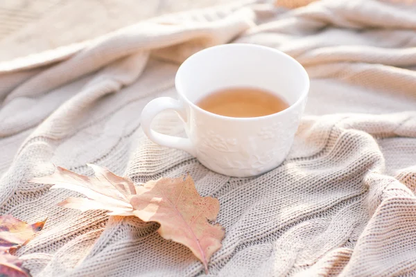 Maglione a maglia calda, tazza di tè caldo e thermos rosso — Foto Stock