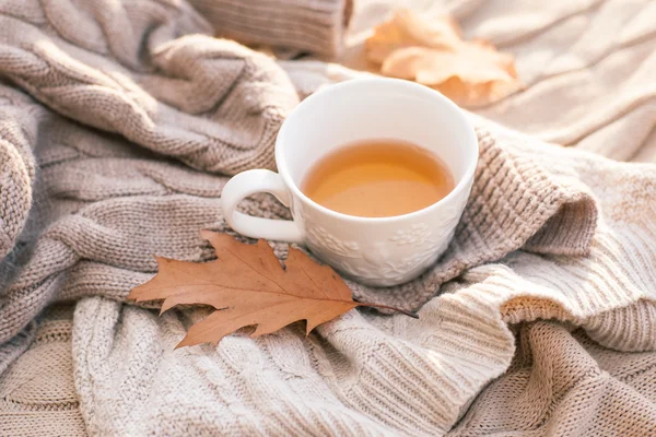 温暖的针织的毛衣，杯热茶和红色热水瓶 — 图库照片