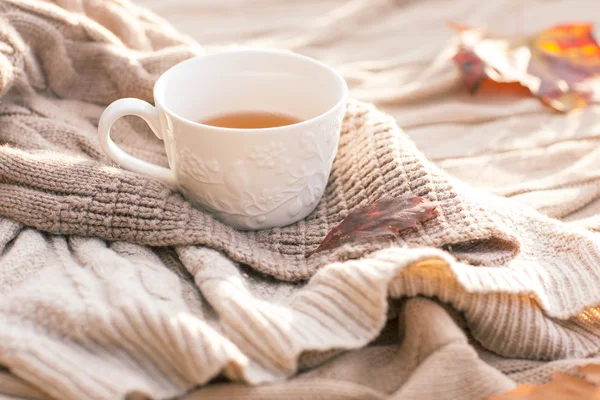 Warm knitted sweater,cup of hot tea and red thermos — Stock Photo, Image