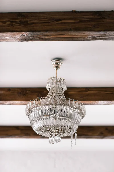 Crystal Chandelier Under Wood White Ceiling — Stock Photo, Image