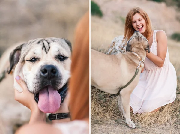 Junge Kaukasierin geht bei Sonnenaufgang mit Hund spazieren — Stockfoto