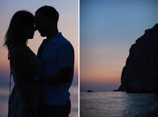 Silhouette of a couple on the beach at sunset — Stock Photo, Image