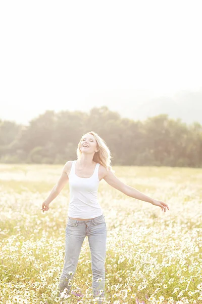 Schöne Frau genießt Gänseblümchen-Feld, schöne Frau legt sich in — Stockfoto