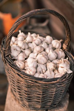 Vintage natürmort soğan ve sepeti