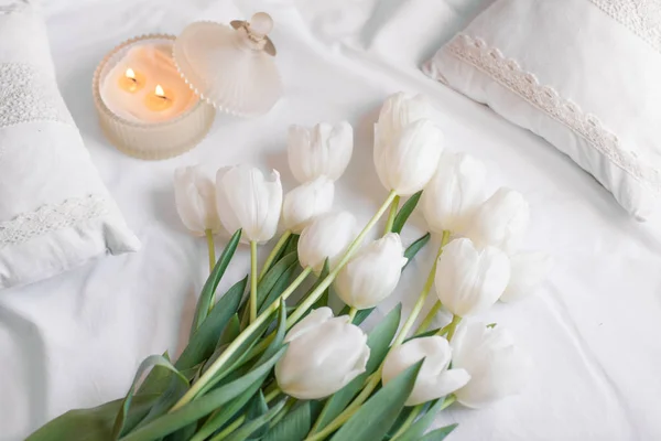 Våren blommor tulpaner med levande ljus och vita kuddar — Stockfoto