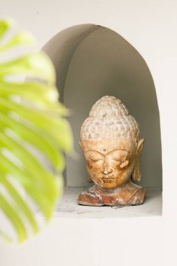 Yeşil tropikal yaprak Buda heykeli