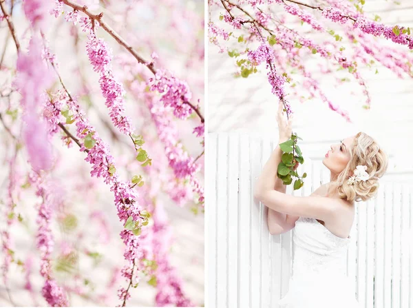 Hermosa morena novia cerca de un floreciente Bush rosas posando en un vestido de novia —  Fotos de Stock