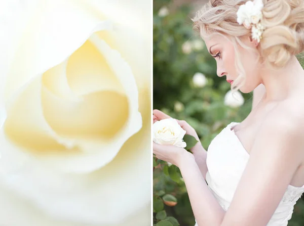 Diptyk foto. Vacker brunett brud nära ett blommande buske rosor poserar i en bröllopsklänning — Stockfoto