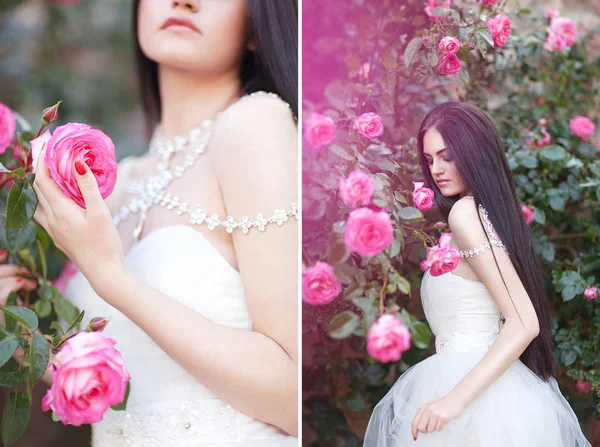 Diptych Photo. Beautiful Brunette Bride near a Flowering Bush Roses Posing in a Wedding Dress — Stock Photo, Image