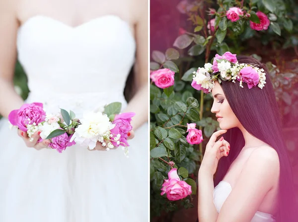 Foto do díptico. Bela noiva morena perto de uma floração Bush Rosas posando em um vestido de noiva — Fotografia de Stock