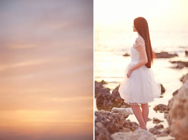İki kanatlı tablo fotoğraf. Beyaz elbise deniz kıyısında günbatımı üzerinde poz içinde genç esmer gelin — Stok fotoğraf