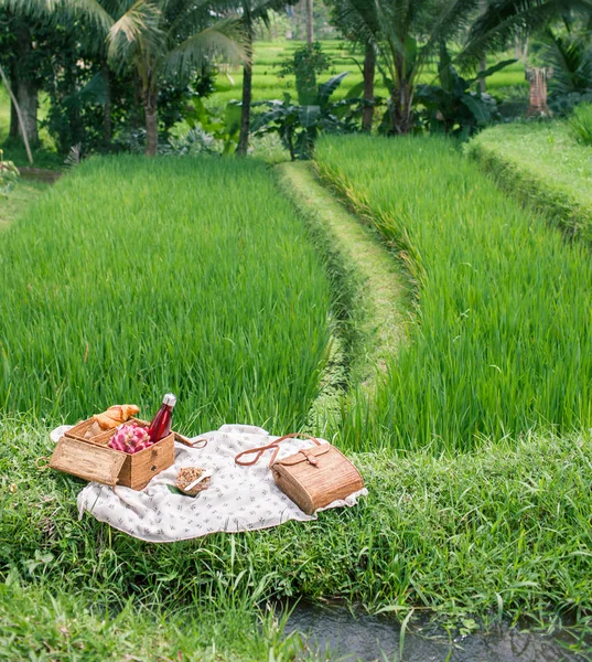 Picnic en el campo de arroz verde de Bali con fruta, cruasanes, cerveza —  Fotos de Stock