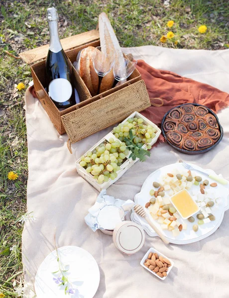 Picknick op het gras in de buurt van rivier op luie zomerdag. Young glimlachend paar met kleine hond ontspannen op aard — Stockfoto