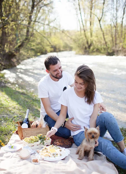 Picknick op het gras in de buurt van rivier op luie zomerdag. Young glimlachend paar met kleine hond ontspannen op aard — Stockfoto