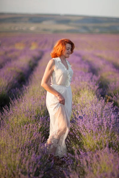 Portrait of Beautiful 50 Years old Woman Outdoors in Lavender — Stock Photo, Image
