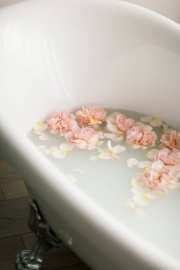 Süt ve gül yaprakları ile beyaz banyo. Gevşeme ve uyum