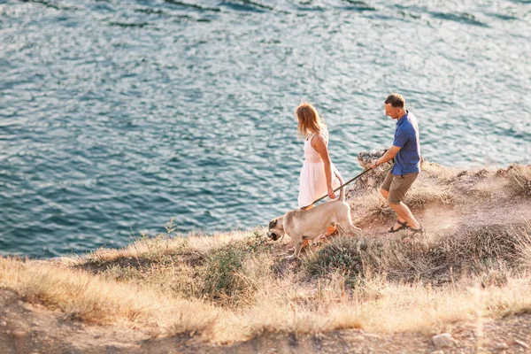 Par killar leker med sin hund på berget nära havet — Stockfoto