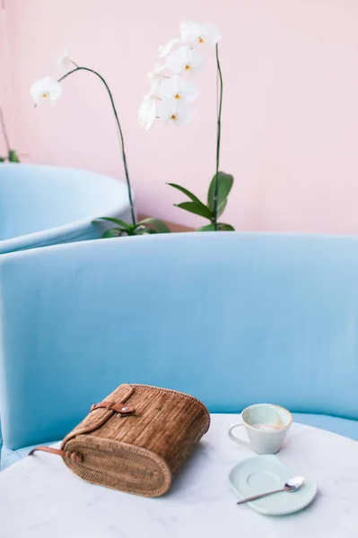 Marble Table in a Cafe with a Mug of Drunk Coffee. Beautiful Int