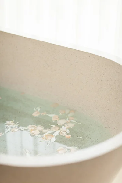 Salle Bain Lumineuse Maison Bain Avec Pétales Fleurs Sel Plateau — Photo