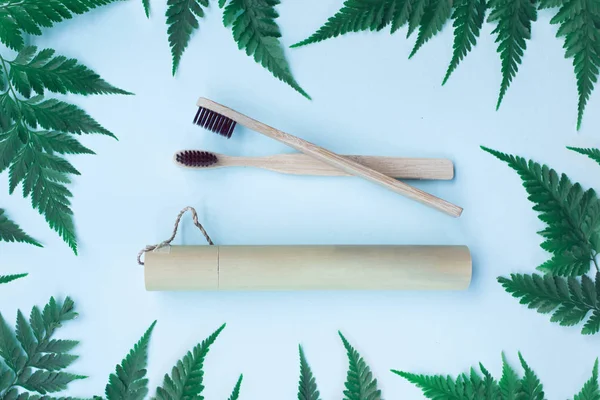 Two eco zero waste bamboo toothbrushes on blue background. 스톡 사진