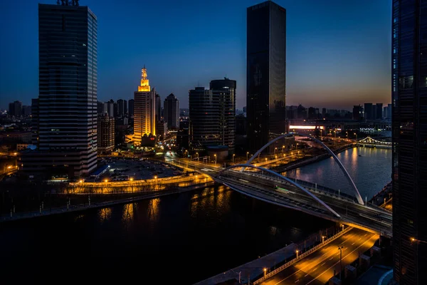 Vista Nocturna Hermosa Ciudad Portuaria China Tianjin Fondo Urbano —  Fotos de Stock