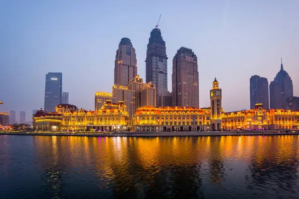 Vista Noturna Sobre Bela Cidade Portuária China Tianjin Fundo Urbano — Fotografia de Stock