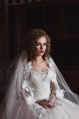 Gelin gibi studio iç içeride kanepe evde oturup güzel elbiseli. Genç çekici beyaz esmer model bir gelin gibi