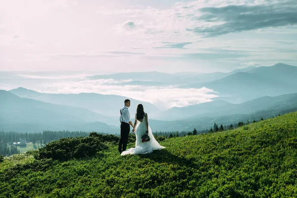 Een man in een pak en een vrouw in een witte jurk staan op een berg — Stockfoto