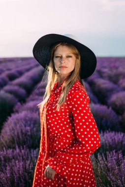 Lavanta tarlasının ortasında şapkalı bir kız kameraya bakar, yakın plan.