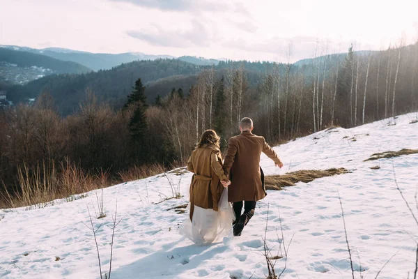 Drive wedding walk among the beautiful snowy mountains. — Stockfoto