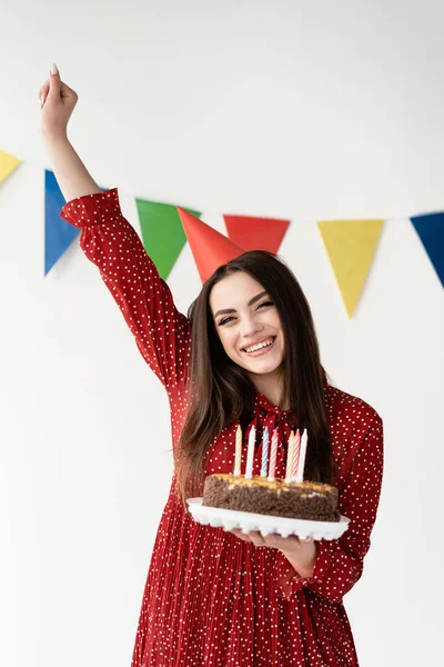 Fiatal Gyönyörű Lány Örül Ünnepnek Szórakozás Boldogság Születésnap Tiszteletére Finom — Stock Fotó