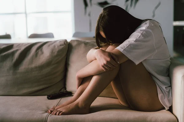 Upset Depressed Woman Sitting Home Couch World Crisis Unemployment Credit — Stock Photo, Image