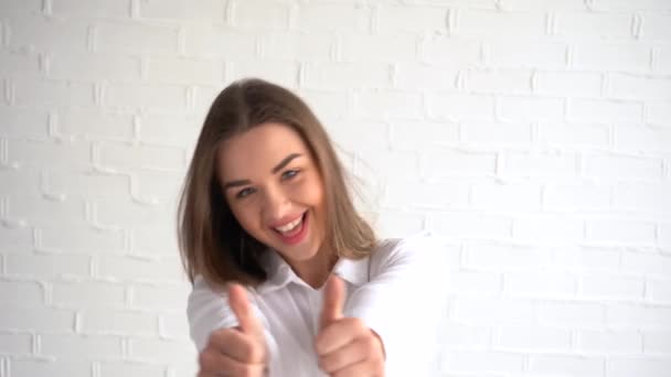 Cheerful Beautiful Woman Raises Her Thumb Bent Fist Smile His — Stock Video