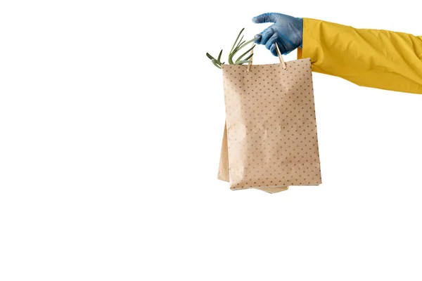 Stop Biohazard Man Yellow Hazmat Suit Advances His Hand Food — Stock Photo, Image