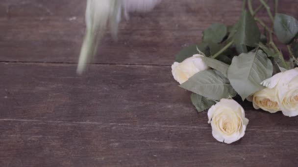 花屋の机の上を閉じて、女の子はテーブルの上に異なる花を置きます. — ストック動画