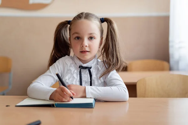 Lilla Flicka Skolflicka Sitter Vid Ett Skrivbord Hår Två Flätor — Stockfoto