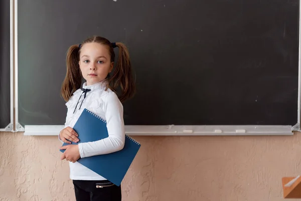 Jeune Fille Avec Dossier Pupille Près Tableau Éducation Scolaire Apprendre — Photo