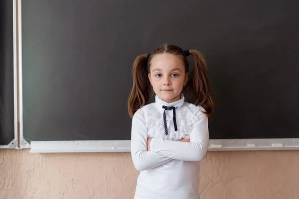 Une Jeune Fille Tient Tableau Noir Éducation Scolaire Portrait Enfant — Photo