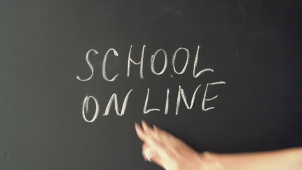 Female Hand Wipes Text Online Writes Offline School Concept Opening — Stock Video