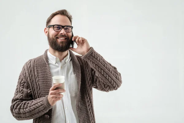 Closeup portrait of man phone and coffee — Stock Photo, Image