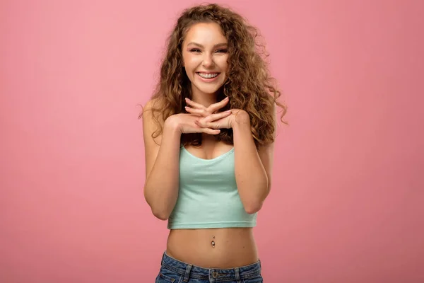 Very happy girl with curly hair — Stock Photo, Image