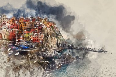 Manarola dijital suluboya resim. İtalya