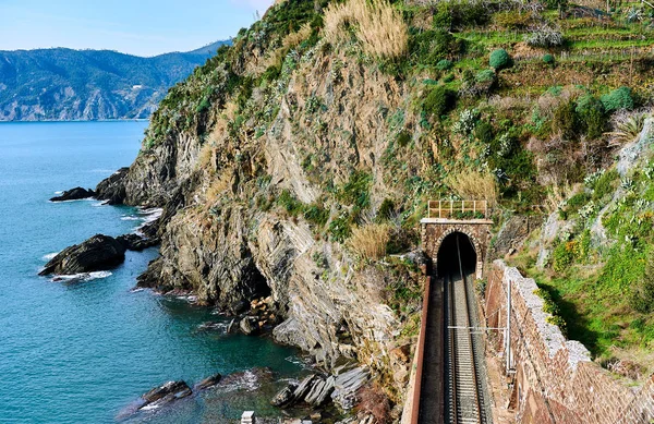 Railway along the Ligurian coast leading to Vernazza village. — Stock Photo, Image