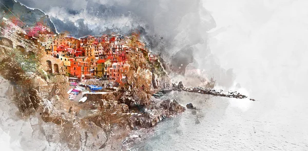 Manarola dijital suluboya resim. İtalya