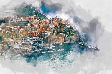Manarola dijital suluboya resim. İtalya