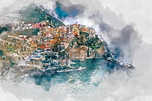 Pintura aquarela digital de Manarola. Itália — Fotografia de Stock